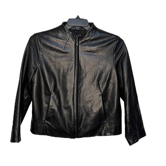 Siena Studio Women’s Soft Black Leather Zip Front Collarless jacket size Large - Picture 1 of 13